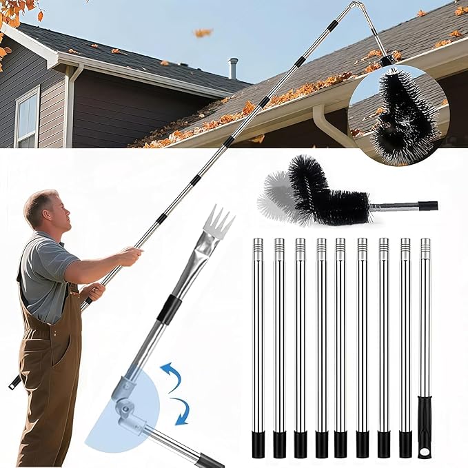 13FT Gutter Cleaning Tool from The Ground No Ladder Needed | Adjustable Length Gutter Cleaner Pole with 180° Pivoting Head, Replaceable Brush & Shovel for Leaves, Debris