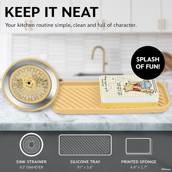 Disney Winnie the Pooh Sink Drain Strainer, Dish Sponge & Silicone Tray Set | 3-piece set with a strainer to prevent clogs, a tray to keep things organized, and a scrubber for dishes and counters