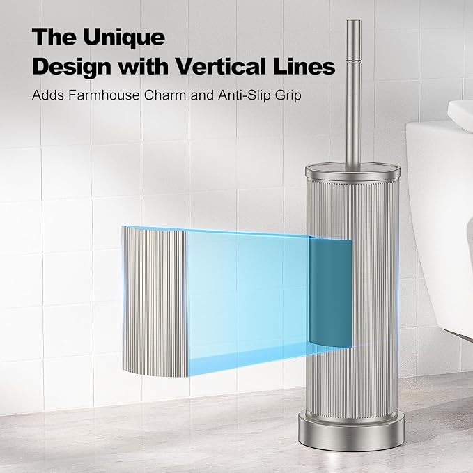Metal Vertical Grain Toilet Bowl Brush and Holder Set Scrubber Nickel | Extra Long Handle with Splash Guard Cover, Bathroom Space-Saving, Heavy Durable Deep Cleaning, Cleaner Sets for Apartments