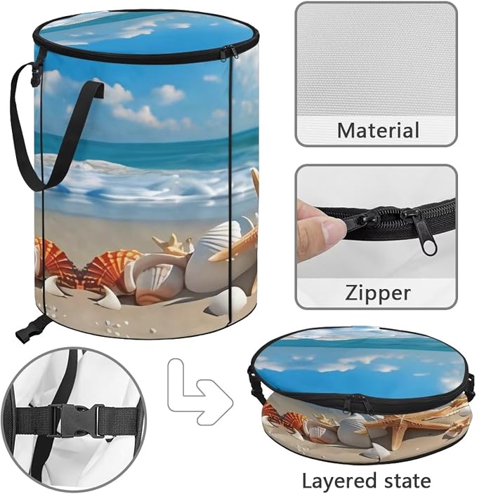 Beach Starfish Shell Collapsible Trash Can 24 Gallon Pop-Up Outdoor Garbage Can with Handles Waterproof Lightweight Storage Bag with Lids for Camping, Backyard, Hiking