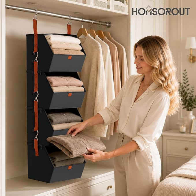 Hanging Closet Organizer 4 Tier - Clothes Hanging Shelves, Space-Saving Closet System, Fabric Storage Bins Bedroom Organization, Collapsible Baskets for Home, Dorm, Rv, Black