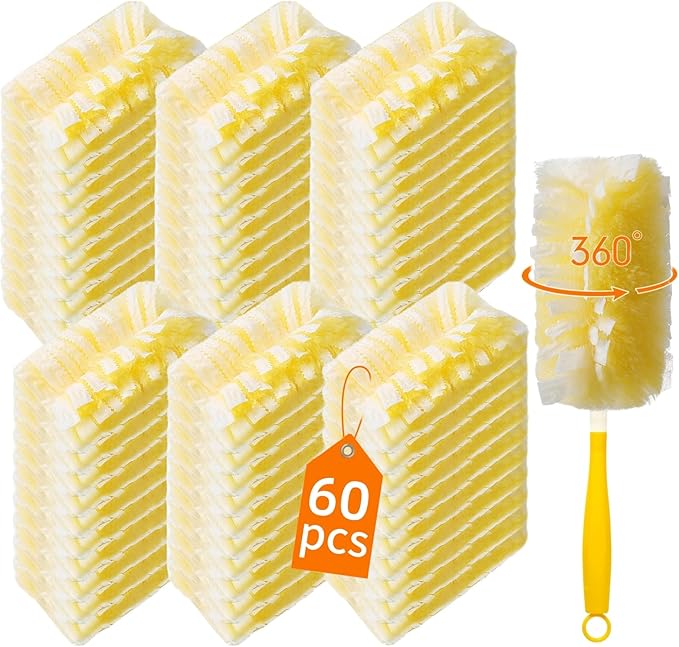 60 Count 360° Heavy Duty Duster Refills Compatible with Swiffer, Large Size-Extra Thick Disposable Electrostatic Feather Duster Refill with 1 Short Handle for Furniture, Blinds, Ceiling Fans