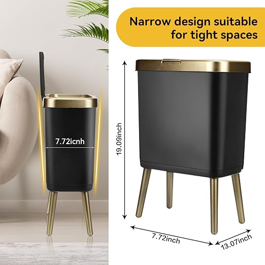 Bathroom Trash Can 4 Gallon, Dog Proof Trash Bin with Press Top Lid, Black Office Waste Basket with Gold Edge, Tall Narrow Garbage Cans for Kitchen, Toilet, Living Room, Bedroom