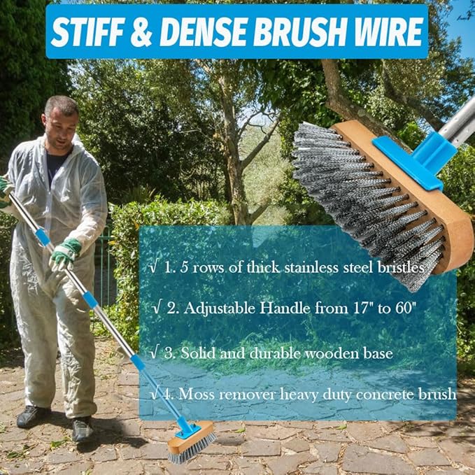 YONILL Stainless Steel Deck Scrub Brush with 60" Long Handle for Concrete | Heavy Duty Floor Scrubber Brush, Moss Remover Wire Cleaning Brushes for Rough Surface, Concrete Floor, Patio, Garden, Garage