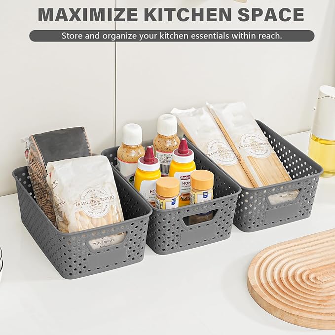 12 Pack Plastic Storage Baskets for Organizing, Storage Baskets for Shelves with Handles, Small Storage Bins with Labels, Classroom Storage Organization for Cabinet,Closet, Office,Gray