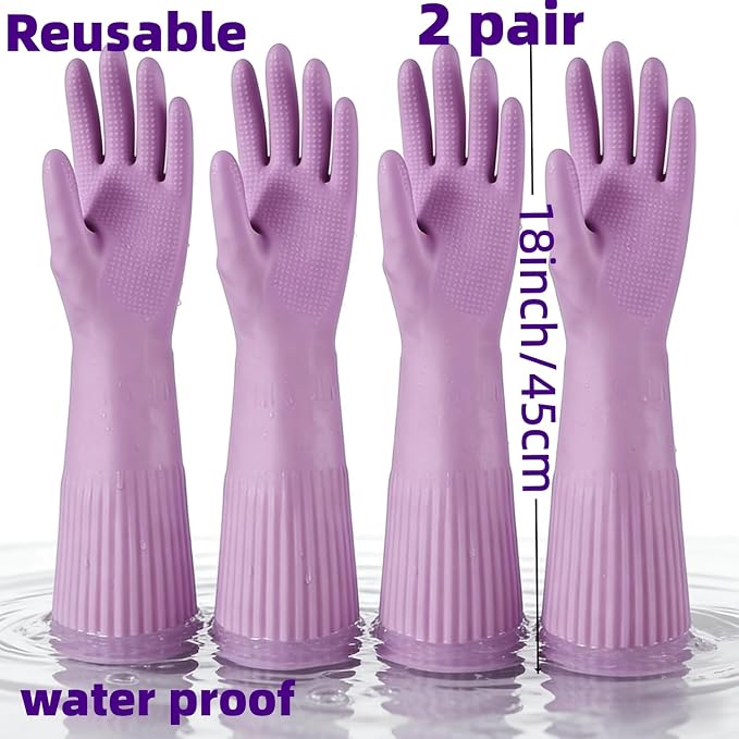 Household Cleaning 18inch Kitchen Dishwashing Rubber Gloves | Red Long Sleeved Heavy-duty Waterproof gloves, household kitchen dishwashing, Long cuffs, Reusable, Non slip