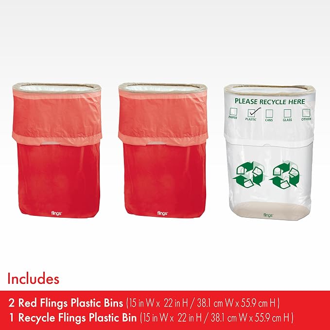 Party City Flings Plastic Bin (3-Pack) - Red (2) and Recycle (1) - 22 x 15 - Stylish & Convenient Portable Waste Solution for Events & Parties