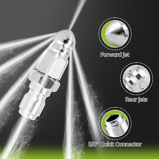 Pressure Washer Sewer Jetter Nozzle with 3/8" Quick Connect, 5000 PSI | Stainless Steel High Pressure Washer Drain Cleaning Hose Nozzle Pressure Washer Pipe Cleaner Attachment