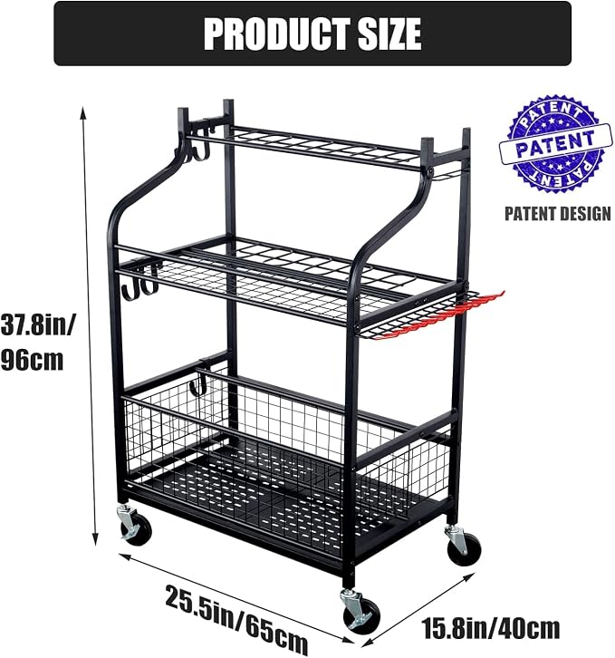 Mythinglogic Rolling Garden Tool Organizer for Garage, Yard and Lawn Tools | Metal rolling rack with multiple tool slots, movable hooks and locking casters for rakes, shovels, brooms and yard tools