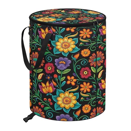 BIGCARJOB Floral Blossoms Collapsible Trash Can Portable Tall Trash Can Oval Recycling Bin 22.83x17.71 Outside Garbage Bin Storage Bag with Clip and Zipper Lid
