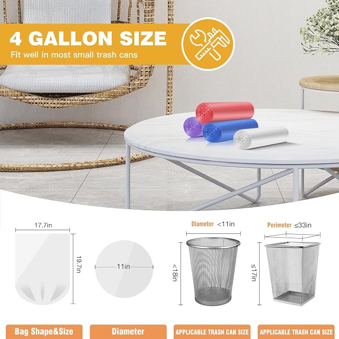 Small Trash Bags 4 Gallon Bathroom Garbage Bags | 100 Count, 4 Colors, Clear Unscented Plastic Mini Trash Bags for Kitchen, Waste Baskets, Office, Bedroom and Car