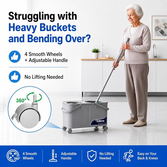 RinseWise Compact Gen 1 Mop Bucket, Clean/Dirty Water Separation, 6 Heads | 1.5 Gal Clean-Water Capacity, 4 Swivel Wheels, 61-Inch Handle, For Apartments, Pet Homes, Hardwood, Laminate & Tile Floors