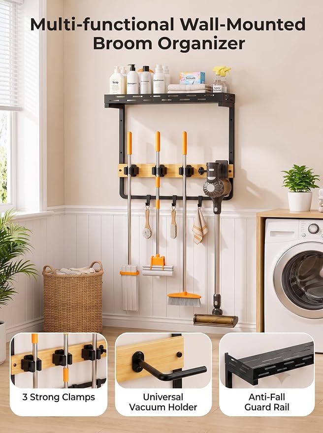 Deloban Broom Holder Wall Mount,16.6" Small Mop Tool Organizer | With Bamboo Rail, 3 Grippers, 3 Hooks, Vacuum Slot & Top Storage Shelf For Laundry Room Organization, Garage,Garden,Black