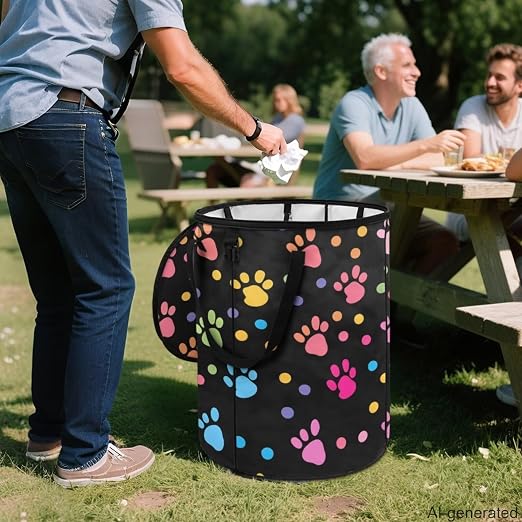 Collapsible Trash Can with Lid, Colorful Paw 24 Gallon Camping Trash Can with Handles Waterproof Portable Recycling Bin for Yard Garden Waste Pop-Up Storage Bags for Toys Clothes
