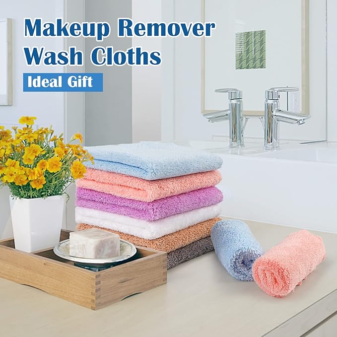 Orighty Makeup Remover Cloths, 24 Pack Microfiber Face Towels, 7 x 7 Inch | Reusable Facial Wash Cloths, Soft & Washable Coral Fleece Microfiber Washcloths for Face, Eye, Lips Cleansing