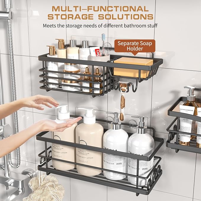 Youvip Shower Caddy, 3 Pack, Black | Large Capacity, No Drilling Adhesive, Rustproof Shelves, Soap Holder