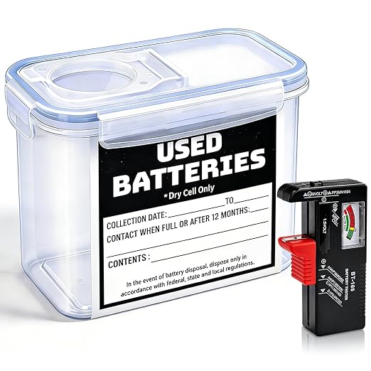 Battery Recycling Container with Battery Tester for Household Batteries, Compact Small Used Battery Disposal Container with Flip-up lid for Home Use, Office, Garage, Schools (1.3L)
