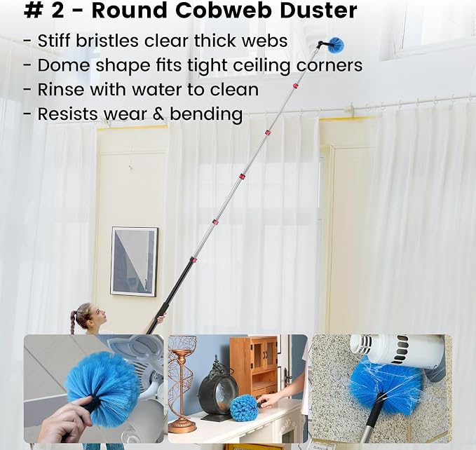 Ceiling Fan Duster Kit with 12 FT Telescoping Pole – 6-Piece Set – Screw-On Cobweb Duster & Squeegee Heads – Washable Bendable – 3/4" Universal Fit – House Cleaning Kit, Blue