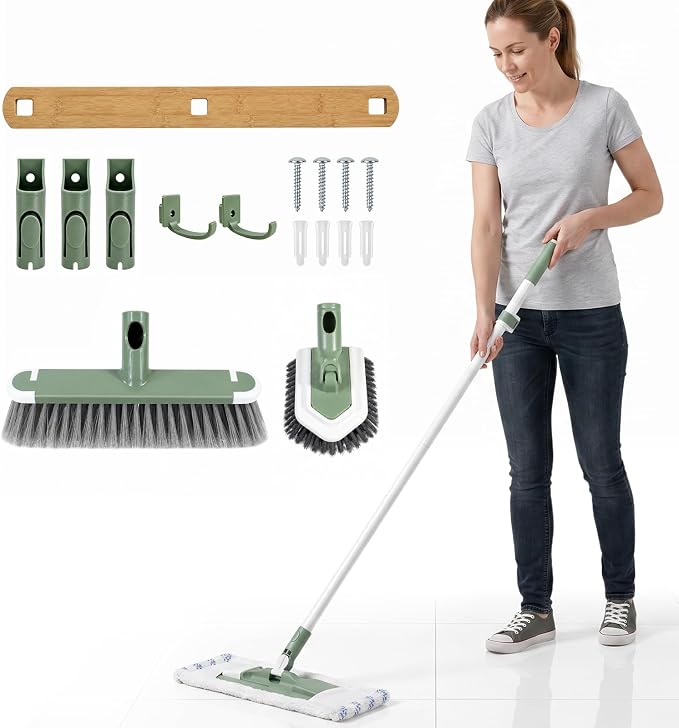 DEANIC 4-in-1 Mop Broom Brush with Holder Wall Mount Set | Floor Cleaning Tool Set with Extendable Handle (43 in to 49 in) ,Triangle Scrub Brush for Home Kitchen Bathroom Hardwood