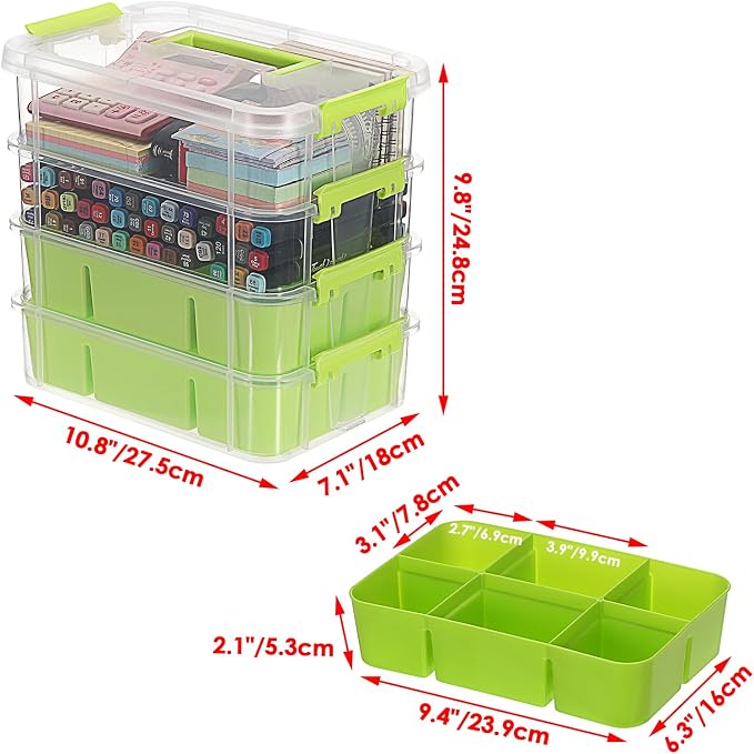 JUXYES 4-Tiers Plastic Stack Carry Storage Containers Box wih Handle Lids | Clear Stackable Latching Storage Bin With 2 Tray for School Office, Organizing Sewing, Art Craft, DIY Supplies, Green