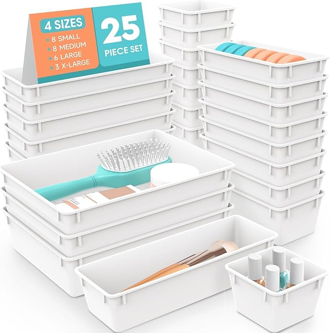 SpaceHacks 25 PCS Plastic Drawer Organizer, 4-Size Versatile Organizer Trays & storage Bins