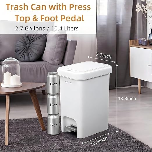 MOPALL 2.7 Gallon Small Bathroom Trash Can with Lid | Dual Opening Lid with Push Top & Foot Pedal, Hidden Inner Storage, Soft Close Design, Space-Saving for Bathroom & Under Sink