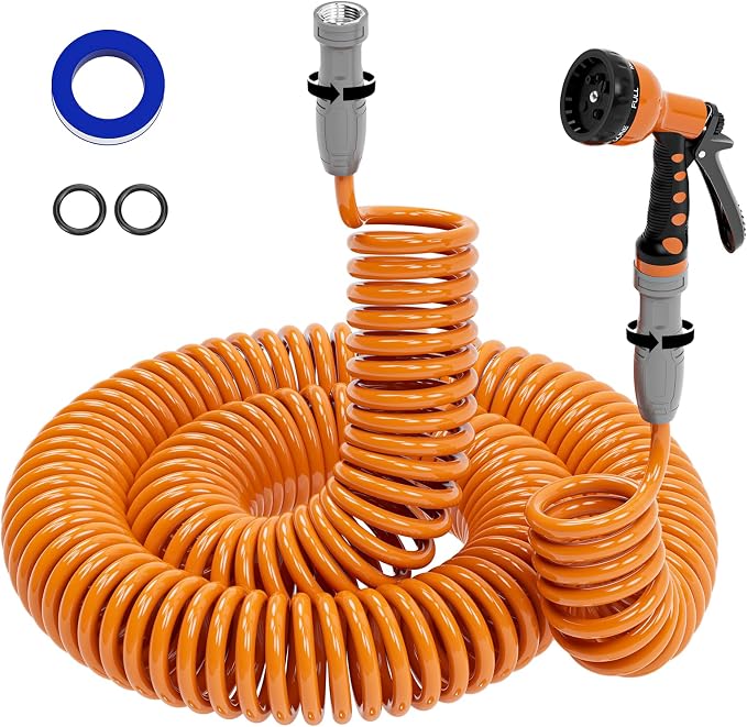 SPECILITE 3/8" Lightweight Coil Garden Hose 100 FT, EVA Flexible Water Hose | Curly Pipe with 6-Pattern Spray Nozzle for Outdoor, Boat, Greenhouse, Yard, Patio, Orange
