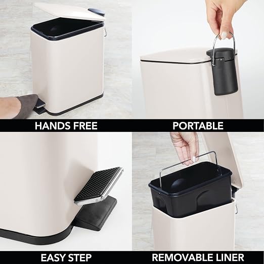 mDesign Rectangular Pedal Bin – 5 L Metal Waste Bin with Pedal, Lid and Plastic Bucket Insert – Household Rubbish Bin for Bathroom, Kitchen and Office – Beige