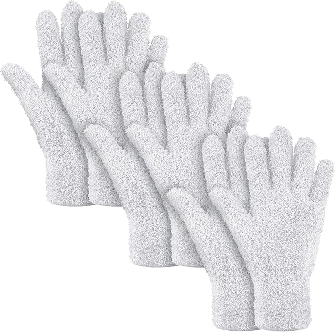 Patelai 3 Pairs Microfiber Dusting Gloves for Plants Leaf, Medium | White,Plant Cleaning Gloves, Reusable Washable Gloves,House Furniture Blinds Dusting
