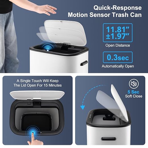 TrailBlaze White 13 Gal Automatic Motion Sensor Trash Can with Lid, 50L Smart Trash Can Waste Basket for Kitchen, Office, Bedroom, Bathroom