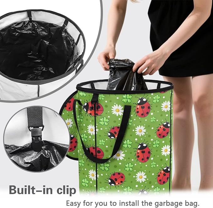 Ladybug 24 Gal Collapsible Trash Can Waterproof Pop-Up Pop up Trash Can for Camping Backyard & Car Travel Easy to Clean Outdoor Garbage Bin Reusable Camping Essentials