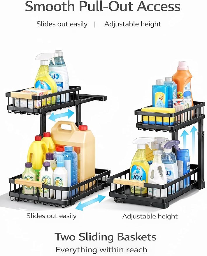 Lumela Under Sink Organizer, 2-Tier Slide-Out Cabinet Organizer Shelf, Height Adjustable Metal Pull-Out Storage Rack with Wood Handle for Kitchen & Bathroom Cabinets (Black)