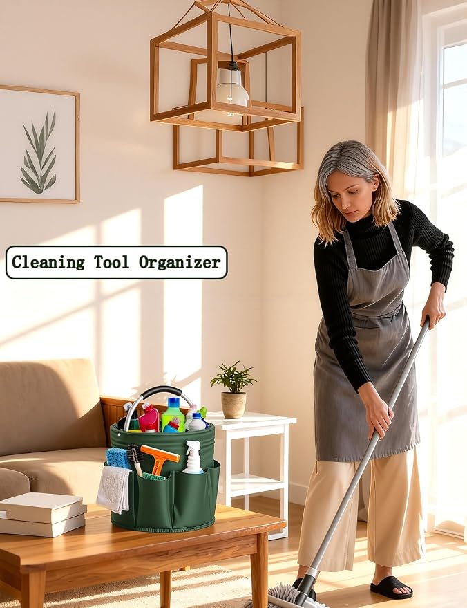 Cleaning Caddy with Handle, for Cleaning Supplies Organizer Bucket | Foldable Storage Tote with 6 Pockets,17L Large Capacity Basket for Household Organizer,Laundry Room,Bathroom & Home