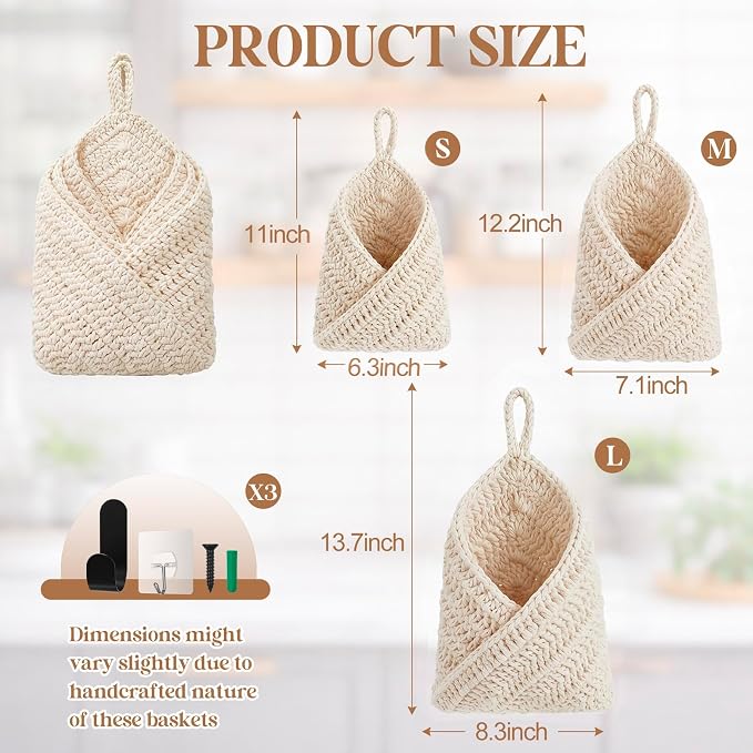 3 Hanging Baskets,White,Triangle,Cotton Rope | Wicker Wall Baskets with Hooks for Fruit Vegetable Onion Storage, Teardrop Organizer for Kitchen, Boho Farmhouse Decor