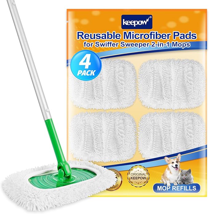 KEEPOW Reusable Microfiber Mop Pads Compatible with Swiffer Sweeper, 4 Pack | Dry Sweeping Cloths Microfiber Wet Mop Pads, Mop Replacement Sweeping Mopping pad Refills for Hardwood Surface Floor Cleaning