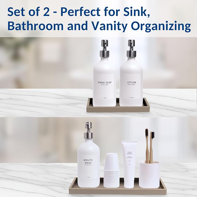 Spacewiser Countertop & Vanity Silicone Tray – 2 PC (11.7" & 7.7") Set | Bathroom Tray & Kitchen Soap Tray Set, Bathroom Counter Tray, Kitchen Sink Dish Soap Tray for Countertop Organization