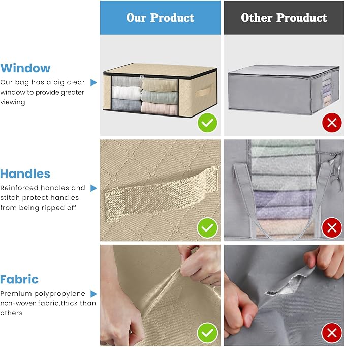 HomeHacks 4-Pack Clothes Organizer Storage Bags, 35L Storage Bins, Beige | Foldable Storage Box Container with Zippers, Clear Window, Reinforced Handles for Closet, Dorm, Pillows, Bedding, Sweater
