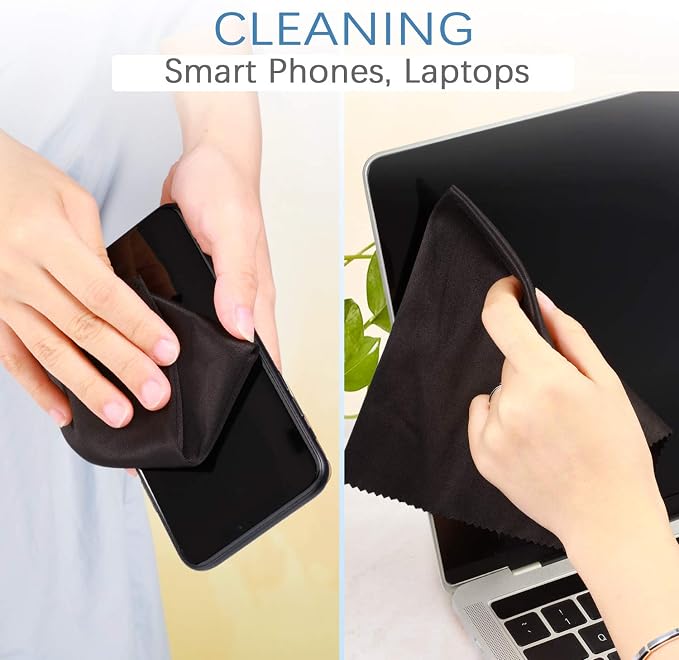 Frienda 12 Pack Microfiber Cleaning Cloth,Black | 12x12 Inch Large for Eyeglasses Screen Lens, Reusable Washable, Streak-free Lint-free, Cameras Phones Tablets Monitors
