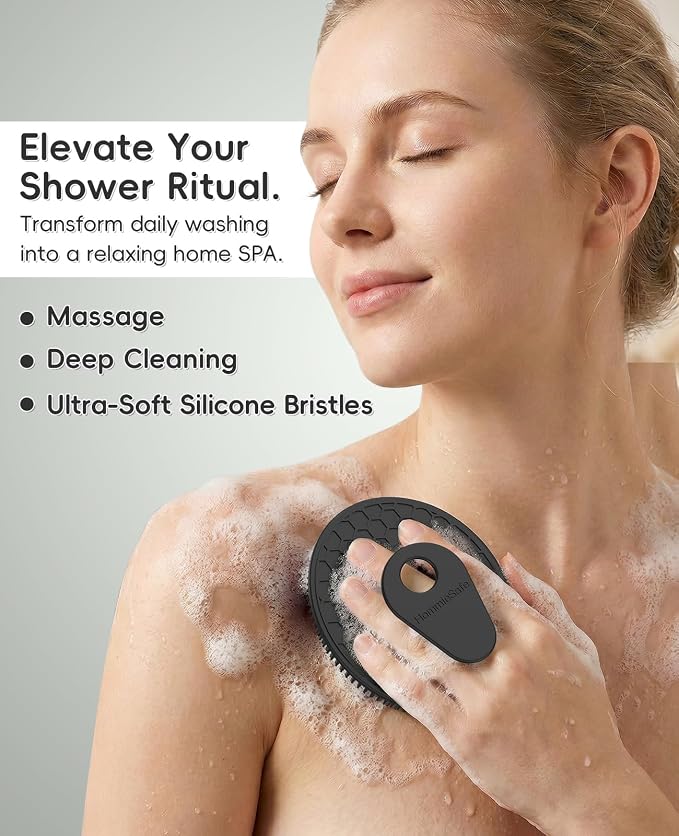 4 Pack Soft Silicone Shower Brush, Body Exfoliating Skin Massage Scrubber | Body Wash Bath Dry Skin Brushing Glove Loofah, Fit for Sensitive and All Kinds of Skin(2Pack Black+Mint+Blue)
