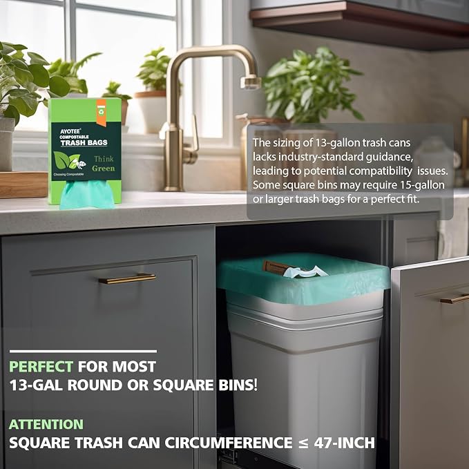 Compostable Trash Bags，AYOTEE 13-15 Gallon Tall Kitchen Garbage Bags | Heavy Duty Unscented 1.18Mils 55 Liter, 60 Count,Strong Thicken Rubbish Waste Can Liners for Kitchen Garden Home