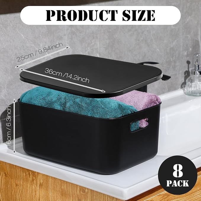 Hoolerry 8 Pack Storage Bins, 13.8 X 9.8 X 5.9 Inch Black | Plastic Stackable Containers with Lid Handle, For Shelves Desktop Playroom Office, Organizing Toys Books Supplies Storage