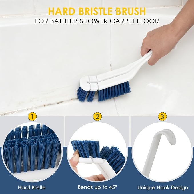 3 Pack Bathroom Shower Scrub Brush Set - Stiff Bristle Grout Cleaner Brush | 2-In-1 Detachable Shower Glass Squeegee with Replacement Sponges, Scrubbing Brushes for Cleaning Bathtub, Gaps, Tile, Sink