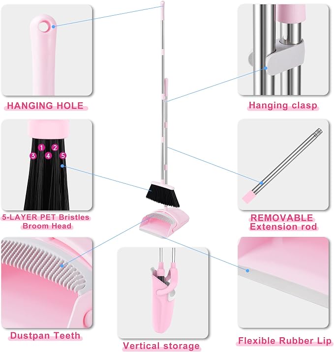 BSKLIN Broom and Dustpan Set for Home, 52" Long Handle Standing Broom Set with Dustpan Self-Cleaning Teeth for Hair Removal Heavy Duty Indoor Outdoor Sweeping Kit for Kitchen Garage (Pink)