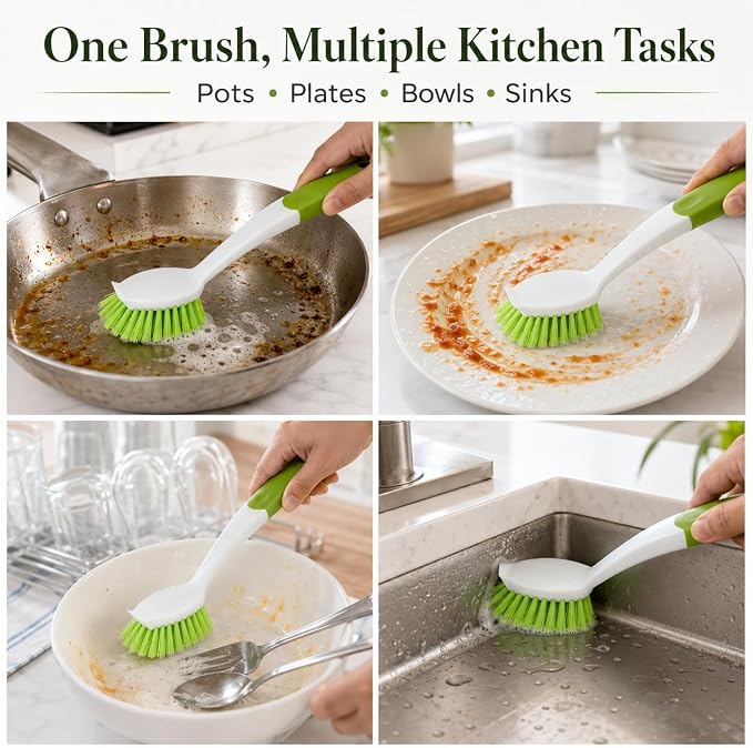 2-Pack Dish Brush with Long Handle | Dish Scrubber with Stiff Bristles for Kitchen, Sink, Pots, Pans