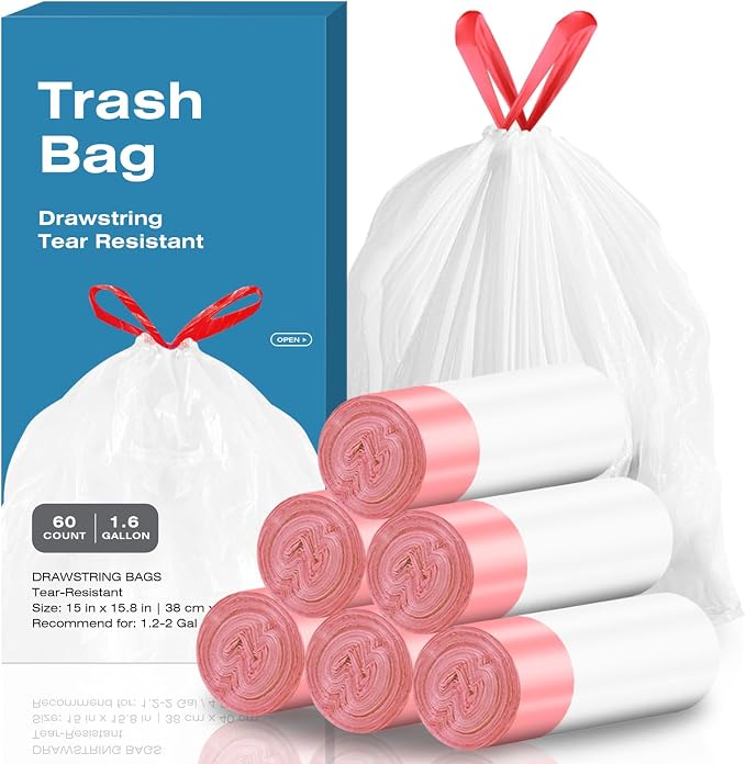 KUK 1.6 Gallon Drawstring Trash Bags - 60 Count White Small Garbage Bags, Unscented Strong Plastic Waste Basket Liners for Home/Office/Car, Fits 4.5-8 Liter Bins, 6 Rolls with Tear-Free Design