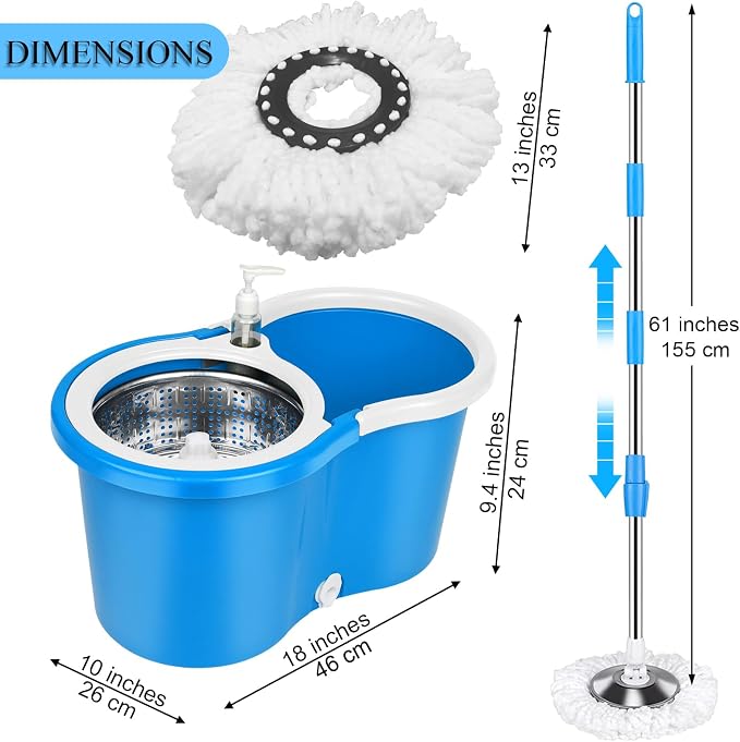 Spin Mop and Bucket System with Stainless Steel Wringer, 3 Mop Heads | Microfiber Spin Mop and Bucket System with Stainless Steel Wringer, 3 Mop Heads & 61" Telescoping Handle