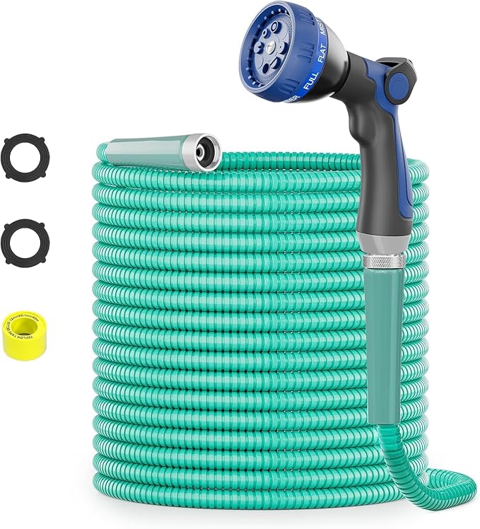 SPECILITE 50ft 304 Stainless Steel Metal Garden Hose(Aqua) with Blue Nozzle | Puncture Resistant, Flexible, Never Kink & Tangle, Heavy Duty Water Pipe for Yard, Outdoor, Lawn