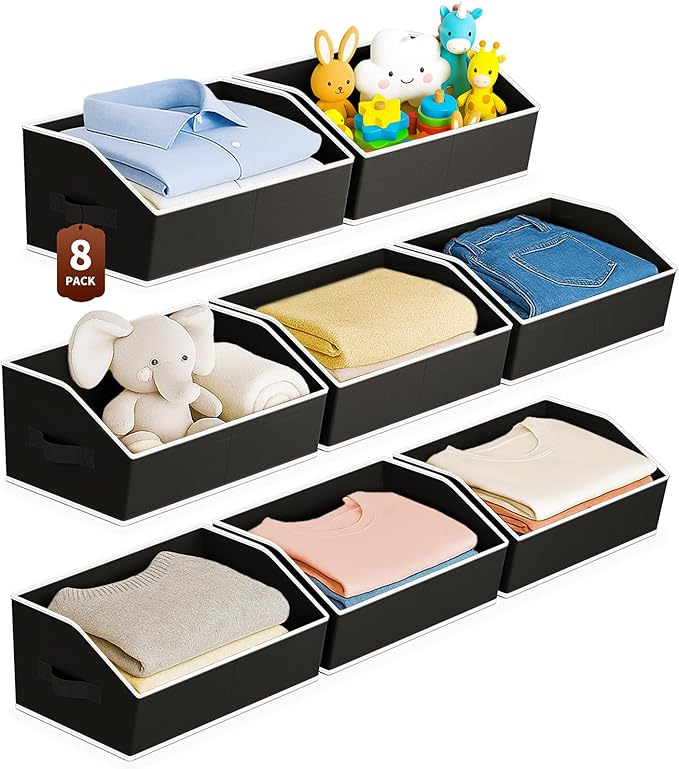 Large Closet Organizers and Storage Bins - 8 Pack Trapezoid Storage Baskets for Shelves, Foldable Fabric Baskets with Handles Ideal for Closet, Basket, Wardrobe and Shelf Storage, Black