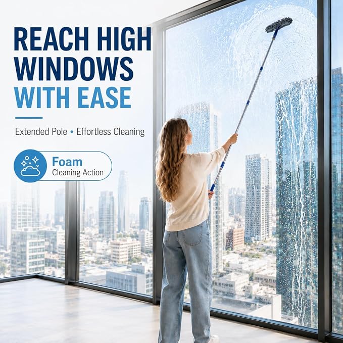 Window Squeegee with 75" Extension Pole, ITTAR Rubber Water Wiper for Glass | Durable Stainless Steel Rod, Rotatable Head for Window Edge, Chenille & Microfiber Pad, Squeegee for Variety Cleaning Needs
