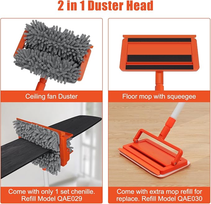 Qaestfy Ceiling Fan Cleaner Duster with 62.5‘’ Extendable Long Handle Ceiling Fan Blade Cleaning Tool, Reusable Chenille & Microfiber Mop Head for Dusting Ceiling Fan Baseboard Wall Floor